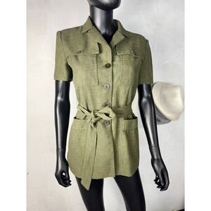 Dressbarn Olive Green Safari Style Short‎ Sleeve Belted Shirt Dress Sz 4